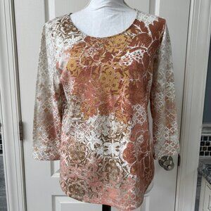 Talbots 3/4 Sleeves Foulard Print Tee Pullover Size 0 (4-6 S) Gingered Peach